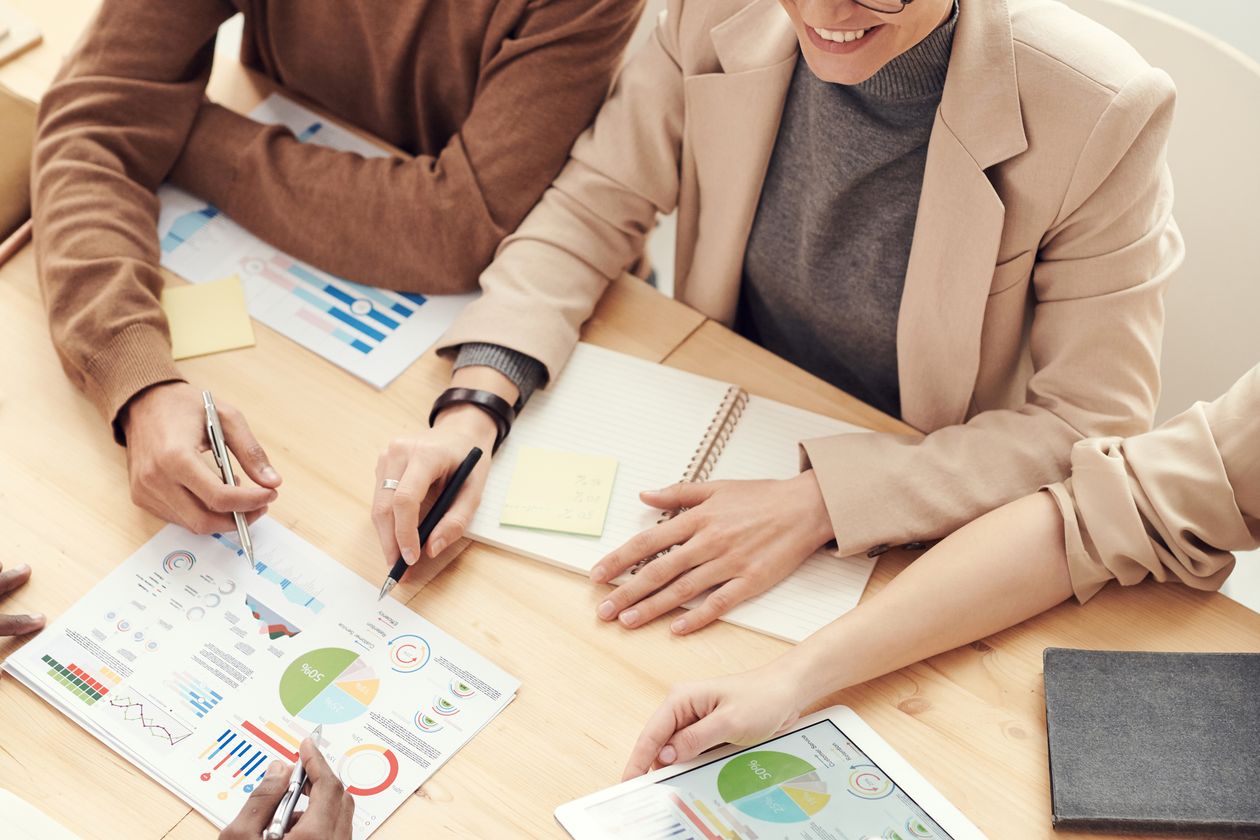 Marketing team collaborating around a table